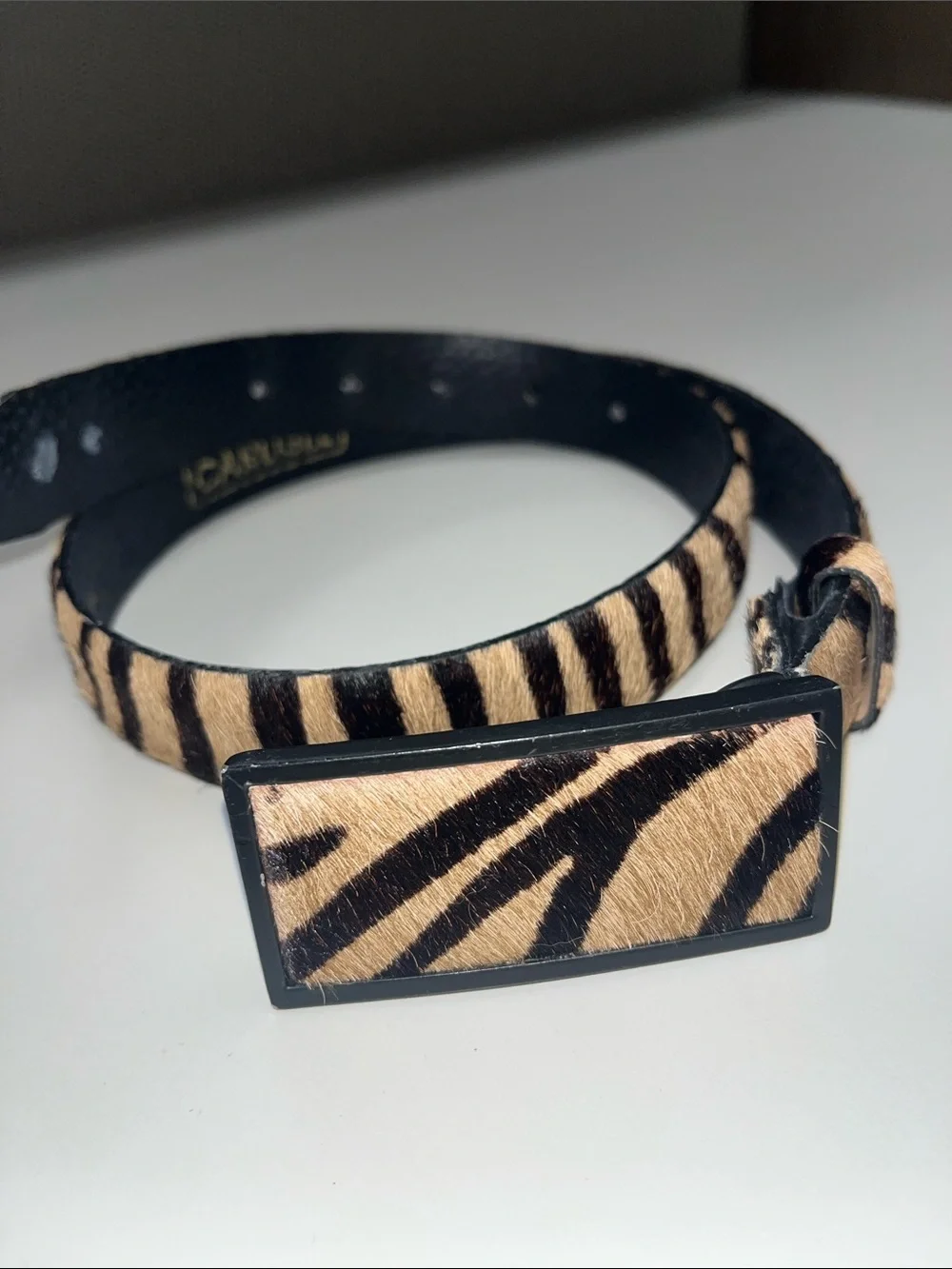 Carlisle Tan and Black Zebra-Print Haircalf Belt with Rectangular Buckle SZ SM